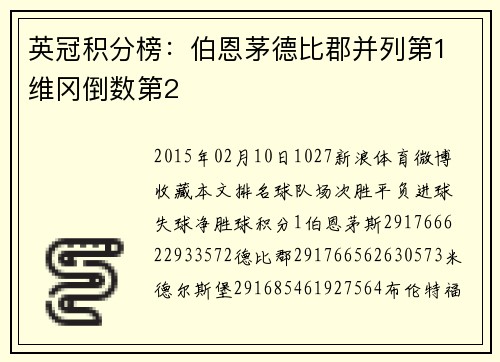 英冠积分榜:伯恩茅德比郡并列第1 维冈倒数第2