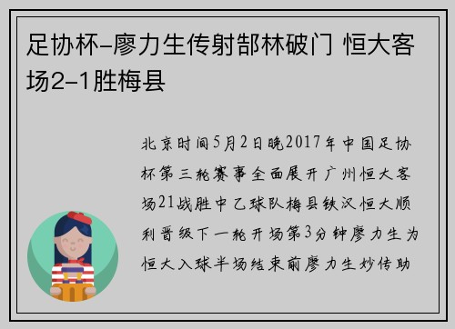 足协杯-廖力生传射郜林破门 恒大客场2-1胜梅县